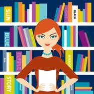 Bookstores saleswoman holding a book Flat vector