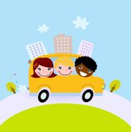 Cute kids in school bus on the hill N2