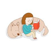 Girl reading a book with her sleeping dog N2