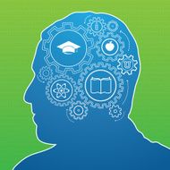 Head silhouette with gears and education icons