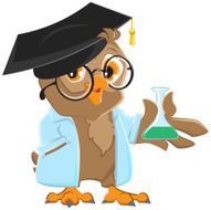 Owl teacher in a blue robe holding flask