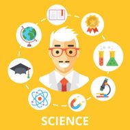 Science concept illustration Scientist character and trendy flat icons set