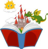 Cartoon Story book with castle dragon and sun