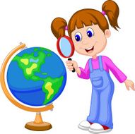 Cartoon girl using magnifying glass looking at globe N2