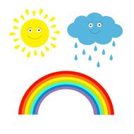 Cartoon sun cloud with rain and rainbow set Isolated Children N2