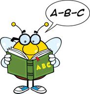 Bee Cartoon Mascot Character With Glasses Reading A ABC Book N2