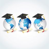 Globes with graduation caps and certificates