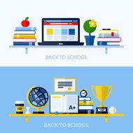 School flat vector concepts with bookshelf and school supplies