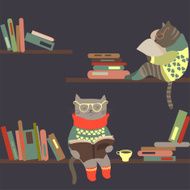 Cats reading books on bookshelves N2