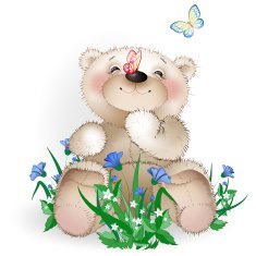 Happy Teddy bear sits in a meadow flowers1