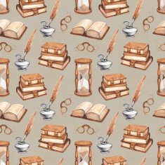 Watercolor vintage books glasses sand hourglass and ink pen