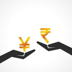 Hand hold yen and rupee symbol to compare their value