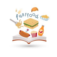 Open book and icons of fast food vector