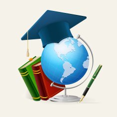 Graduation cap stack of books globe and pen