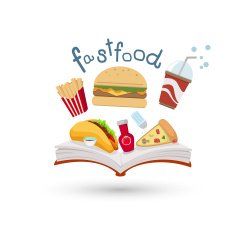 Open book and icons of fast food vector N2