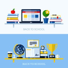 School flat vector concepts with bookshelf and school supplies