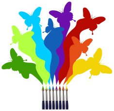 Paint brushes and colored butterflies rainbow N2