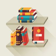 Card with books on bookshelves in flat design style N2