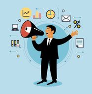 Cartoon man with megaphone and business icons