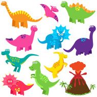 Vector Collection of Cartoon Dinoaurs with a Volcano