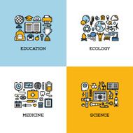 Flat line icons set of education ecology medicine science