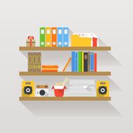 Different objects on book shelves