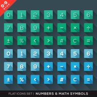 Numbers and Math Symbols Flat Icons Set with long shadow
