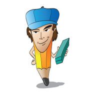 cartoon pencil man and eraser in the hands