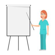 Redhead nurse points to flip chart