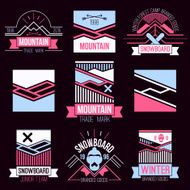 Snowboard and mountains emblems