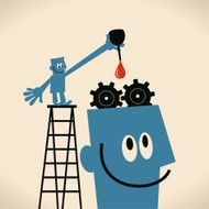 Man standing on ladder lubricating the gears in businessman head