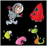 Cartoon Kid Astronaut with rocket and aliens N2