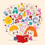 cute kids reading book education concept illustration N2