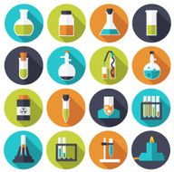 Flat experiments in a chemistry laboratory icons set concept
