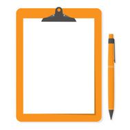 Orange clipboard with white paper and pen put alongside