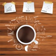 Vector coffee cup and business strategy on wooden table