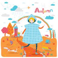 Autumn banner with teenage girl in raincoat and dog N2