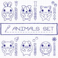 Hand drawn set of japanese style baby animals N2