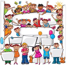 Set of kids standing behind placard N2
