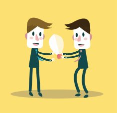 Businessman giving ideas bulb to his partner