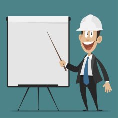 Cheerful builder points to flipchart