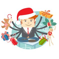 Hipster man wearing Santa Claus' hat sitting on the desk