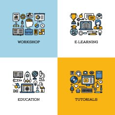 Flat line icons set of workshop e-learning education tutorials