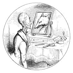 Man seeing himself reflected as a fox