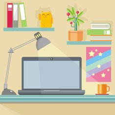 Workplace with notebook lamp books and furniture N2