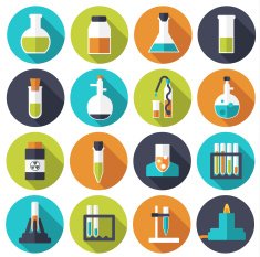 Flat experiments in a chemistry laboratory icons set concept