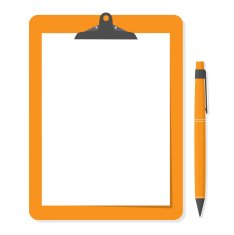 Orange clipboard with white paper and pen put alongside