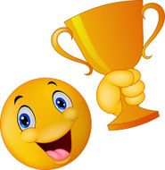 Happy smiley emoticon cartoon holding trophy N2