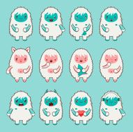 Design set of twelve cute chibi yeti emoticons