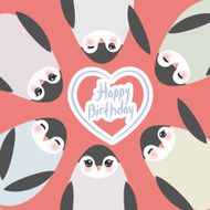 happy birthday Funny penguins on pink background card template Vector N2